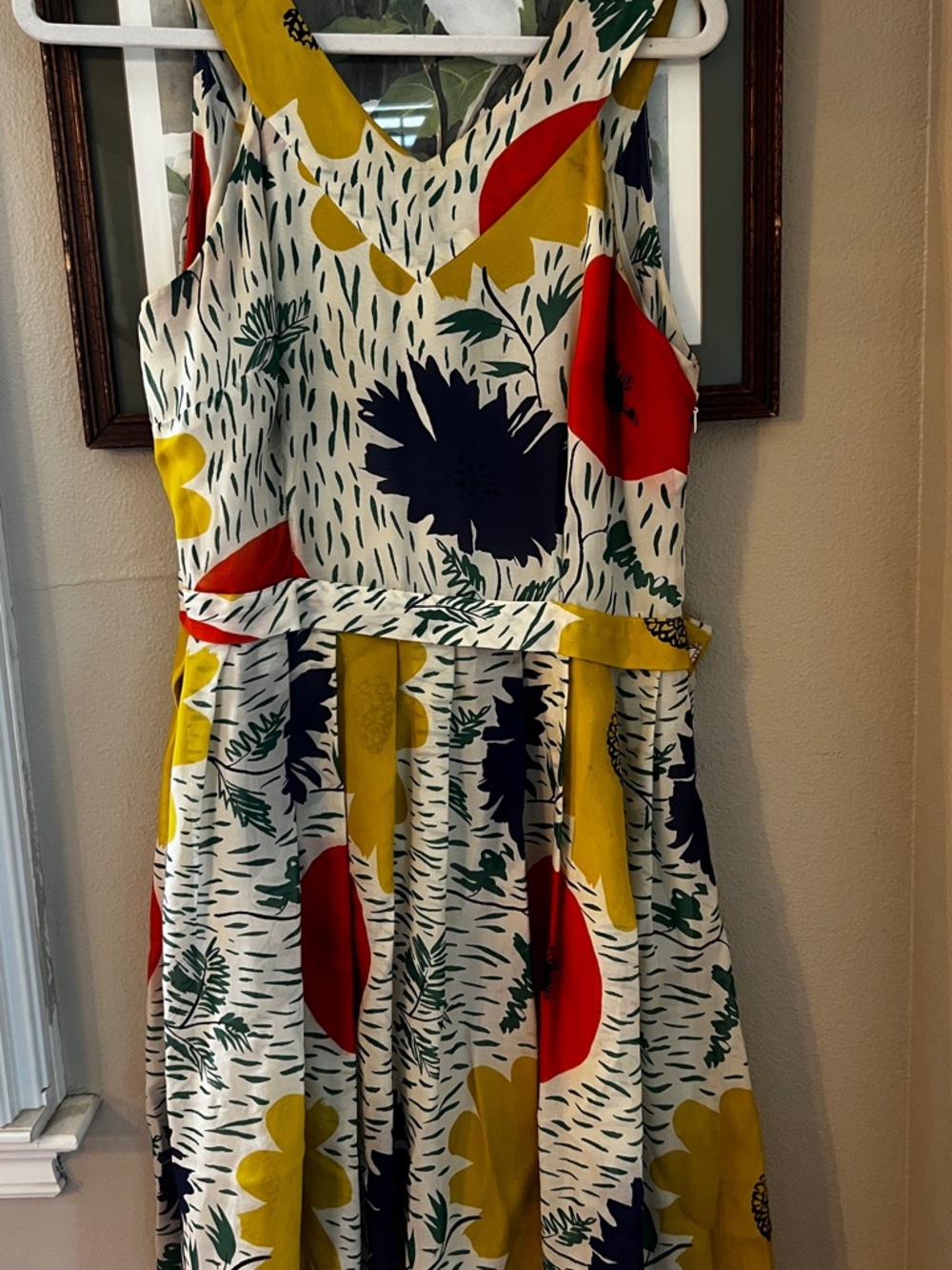 Anthropologie Silk Floral V-Neck Midi Dress in White with Yellow, Red & Navy